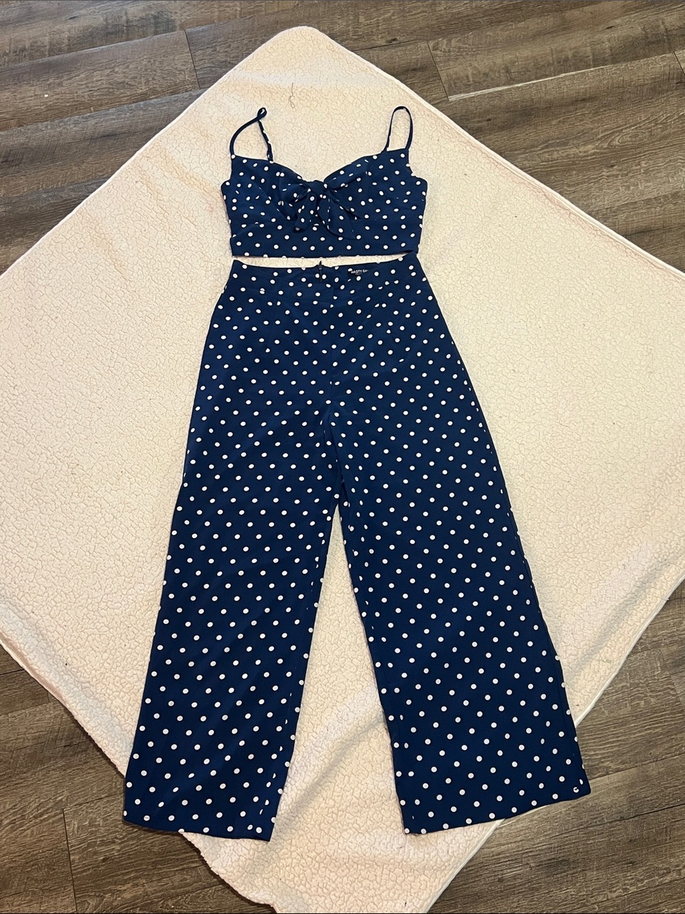 Nasty Gal Navy & White Polka Dot Wide-Leg Jumpsuit Set